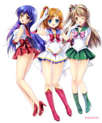 Rule 34 | 3girls, :d, :o, ;d, bishoujo senshi sailor moon, bishoujo senshi sailor moon (first season), blonde hair, blue eyes, blue hair, blue sailor collar, blush, boots, bow, breasts, brooch, brown eyes, brown hair, choker, cosplay, elbow gloves, embarrassed, full body, gloves, green footwear, green skirt, hair bobbles, hair bun, hair ornament, hairpin, half updo, heart, heart brooch, high heels, highres, inner senshi, jewelry, knee boots, kosaka honoka, long hair, love live!, love live! school idol project, magical girl, medium breasts, minami kotori, multicolored clothes, multicolored skirt, multiple girls, one eye closed, open mouth, pink bow, pleated skirt, red bow, red skirt, ribbon, sailor collar, sailor jupiter, sailor jupiter (cosplay), sailor mars, sailor mars (cosplay), sailor moon, sailor moon (cosplay), sailor senshi, sakurano ru, shoes, short hair, side ponytail, single hair bun, skirt, smile, sonoda umi, super sailor moon, super sailor moon (cosplay), tiara, twitter username, white background, white gloves