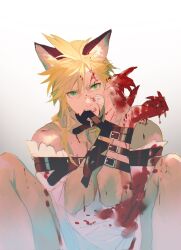 Rule 34 | 1boy, angry, animal ears, bandage on face, bandages, bare shoulders, bdsm, belt buckle, biting, black collar, blonde hair, blood, blood on clothes, blood on face, blood on hands, bloody clothes, bloody dress, bondage, bound, buckle, cat boy, cat ears, claws, cloud strife, collar, crossdressing, dress, final fantasy, final fantasy vii, gradient background, green eyes, highres, knees up, male focus, medium hair, messy hair, purple dress, restrained, simple background, sitting, slit pupils, spiked hair, xianyu314