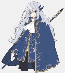 Rule 34 | 1boy, argalia (project moon), ascot, black pants, blue cape, blue eyes, blue jacket, cape, earrings, gloves, gold trim, hair between eyes, hand on own hip, highres, holding, holding scythe, jacket, jewelry, library of ruina, long hair, pants, project moon, scythe, shiki (shikki46), sidelocks, simple background, single earring, solo, white ascot, white background, white gloves
