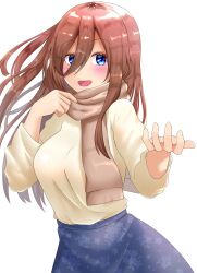 Rule 34 | 1girl, :d, blue eyes, blue skirt, breasts, brown hair, brown scarf, commentary request, go-toubun no hanayome, hair between eyes, highres, large breasts, long hair, long hair between eyes, long sleeves, looking at viewer, nakano miku, nishiwaki rui (gfew5483), open mouth, reaching, reaching towards viewer, scarf, shirt tucked in, skirt, smile, solo, sweater, white background, white sweater