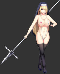 Rule 34 | 1girl, :o, black background, blonde hair, blue eyes, breasts, daiaru, feet, female focus, groin, habit, hair over one eye, hand up, highres, holding lance, holding polearm, holding weapon, lance, large breasts, legs, looking at viewer, navel, nipples, nun, original, parted lips, polearm, revealing clothes, senhime bad ending after, serious, shoes, simple background, slingshot swimsuit, solo, standing, swimsuit, thighhighs, thighs, weapon