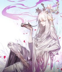 Rule 34 | 1boy, animal ears, antlers, barefoot, blue eyes, claws, closed mouth, fantasy, fingernails, grass, hair between eyes, holding, holding smoking pipe, horns, long hair, looking at viewer, male focus, oollnoxlloo, original, robe, sharp fingernails, signature, sitting, skirt, smoke, smoking, smoking pipe, solo, white skirt