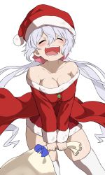 Rule 34 | 1girl, :d, barefoot, blurry, breasts, christmas, chupirinko, cleavage, closed eyes, commentary, cowboy shot, dress, facing viewer, hair ribbon, hat, highres, holding, holding sack, long hair, low twintails, medium breasts, microdress, off-shoulder dress, off shoulder, open mouth, purple hair, red dress, red hat, red ribbon, ribbon, sack, santa costume, santa dress, santa hat, senki zesshou symphogear, simple background, smile, solo, standing, thighhighs, twintails, v-shaped eyebrows, very long hair, white background, white thighhighs, yukine chris