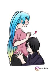 Rule 34 | 1boy, 1girl, alternate costume, aphelios, black hair, blue eyes, blue hair, closed eyes, facial mark, happy, head on another&#039;s stomach, highres, instagram username, league of legends, multicolored hair, nyankoart, pregnant, purple eyes, smile, sona (league of legends), tattoo, twintails, white background