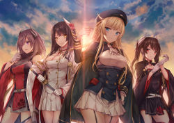 Rule 34 | 4girls, adjusting clothes, adjusting gloves, adjusting scarf, aiguillette, ascot, azur lane, backlighting, belt, black hair, black legwear, blonde hair, blue eyes, blush, braid, breasts, brown hair, buttons, cape, cleavage, cleavage cutout, cloak, closed mouth, clothing cutout, cloud, collarbone, curled horns, day, detached sleeves, double-breasted, drawing sword, expressionless, flower, garter straps, gloves, hair between eyes, hair flower, hair ornament, hair ribbon, hand up, haruna (azur lane), hat, hiei (azur lane), highres, holding, holding sword, holding weapon, horns, jacket, katana, kirishima (azur lane), kongou (azur lane), large breasts, long hair, long sleeves, looking at viewer, luzi, medium breasts, military, multiple belts, multiple girls, open mouth, outdoors, pleated skirt, purple eyes, red-framed eyewear, red eyes, ribbon, rose, saber (weapon), scarf, short hair, sidelocks, skirt, small breasts, smile, sunset, sword, tassel, taut clothes, thighhighs, thighs, twintails, uniform, weapon, white gloves, white skirt, wide sleeves, yellow eyes