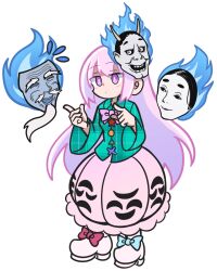 Rule 34 | 1girl, aqua shirt, blue bow, bow, bowtie, bubble skirt, commentary, footwear bow, hata no kokoro, long hair, long sleeves, looking at viewer, mask, noh mask, oni mask, parody, pink bow, pink bowtie, pink eyes, pink hair, pink skirt, plaid, plaid shirt, puyopuyo, red bow, shinmon akika, shirt, simple background, skirt, solo, star (symbol), style parody, touhou, white background