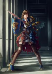 Rule 34 | 1girl, absurdres, belt, belt buckle, blue eyes, blue footwear, blue jacket, blurry, blurry background, breasts, brown belt, brown hair, brown thighhighs, buckle, commentary request, depth of field, full body, fuusen tsuchi, garter straps, gauntlets, high heels, highres, holding, holding sword, holding weapon, huge filesize, jacket, knight, legs apart, long hair, looking at viewer, original, parted lips, pleated skirt, shield, shirt, skirt, small breasts, solo, standing, sword, thighhighs, torn clothes, torn thighhighs, v-shaped eyebrows, weapon, white shirt, white skirt