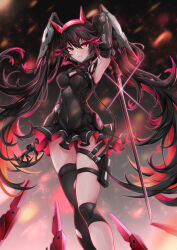 Rule 34 | 1girl, asymmetrical legwear, black eyes, black hair, breasts, closed mouth, colored inner hair, covered navel, earrings, fake horns, hair between eyes, hair ornament, headgear, highres, holding, holding sword, holding weapon, horns, jewelry, long hair, lucia: dawn (punishing: gray raven), lucia (punishing: gray raven), mechanical arms, miying (13975192760), multicolored hair, punishing: gray raven, red eyes, red hair, sidelocks, small breasts, streaked hair, sword, weapon, x hair ornament