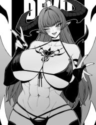 Rule 34 | 1girl, ;d, abs, absurdres, ahoge, bare shoulders, blush, breasts, bridal gauntlets, chest tattoo, cleavage, collarbone, demon girl, demon wings, greyscale, highres, horns, large breasts, long hair, looking at viewer, monochrome, navel, one eye closed, open mouth, original, pointy ears, sideboob, smile, solo, tattoo, underboob, wings, yones81239278