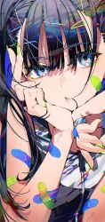 Rule 34 | 1girl, bandaid, bandaid on arm, bandaid on cheek, bandaid on face, black hair, blue eyes, fingernails, green nails, hair in own mouth, hair ornament, hairclip, hand up, head tilt, highres, jewelry, long hair, looking at viewer, mika pikazo, nail polish, original, parted lips, ring, solo, twintails, upper body, v