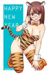 Rule 34 | 1girl, adjusting eyewear, animal ears, animal print, bare shoulders, bikini, black-framed eyewear, bow, bowtie, breasts, brown hair, chinese zodiac, cleavage, collar, commentary, dated, detached sleeves, full body, happy new year, high heels, kneeling, large breasts, leaning to the side, leotard, long hair, looking at viewer, medium hair, new year, open mouth, orange bow, orange bowtie, orange footwear, orange leotard, orange thighhighs, original, playboy bunny, print leotard, print thighhighs, red eyes, side-tie leotard, smile, solo, strapless, strapless bikini, swimsuit, tail, thighhighs, tiger ears, tiger girl, tiger print, tiger tail, uona telepin, white collar, wing collar, wrist cuffs, year of the tiger