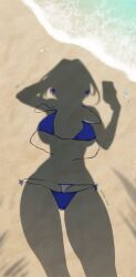 Rule 34 | 1girl, absurdres, arm up, artist name, beach, bikini, blue bikini, bow, bow earrings, breasts, day, dressed shadow (meme), earrings, highres, hololive, hololive english, jewelry, large breasts, myth1carts, ouro kronii, out of frame, outdoors, pov, sand, selfie, shadow, short hair, silhouette, solo, swimsuit, untied bikini, virtual youtuber, water
