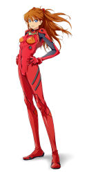 Rule 34 | 1girl, blue eyes, bodysuit, bracer, breasts, covered erect nipples, from side, full body, gloves, hands on own hips, headgear, highres, long hair, long legs, looking at viewer, mebae, neon genesis evangelion, orange hair, pilot suit, plugsuit, red hair, shadow, simple background, small breasts, smile, solo, souryuu asuka langley, standing, turtleneck, white background