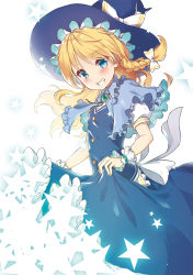 Rule 34 | 1girl, apron, beni kurage, black hat, black skirt, black vest, blonde hair, blue eyes, blush, bow, braid, breasts, brooch, capelet, commentary, english commentary, frilled apron, frilled capelet, frilled shirt collar, frills, grin, hair bow, hat, hat bow, head tilt, highres, jewelry, kirisame marisa, long hair, looking at viewer, petticoat, puffy short sleeves, puffy sleeves, short sleeves, simple background, single braid, skirt, skirt hold, skirt set, small breasts, smile, solo, star (symbol), touhou, vest, waist apron, white apron, white background, white bow, white capelet, wrist cuffs