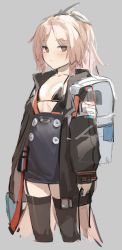 Rule 34 | 1girl, absurdres, arknights, backpack, bag, blush, bra, breasts, death hone, flat chest, garter belt, garter straps, highres, jacket, looking at viewer, pinecone (arknights), simple background, small breasts, solo, thighhighs, underwear