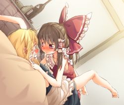 Rule 34 | 2girls, after kiss, apron, bad id, bad pixiv id, bare arms, black dress, blonde hair, blush, bottle, bow, brown hair, choko (cup), commentary request, cup, dress, drunk, eye contact, girl on top, hair bow, hair tubes, hakurei reimu, ina (inadahime), kirisame marisa, kiss, looking at another, multiple girls, red dress, red eyes, sake bottle, saliva, saliva trail, tokkuri, touhou, waist apron, yuri