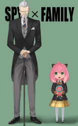 Rule 34 | 1boy, 1girl, anya (spy x family), cane, child, director chimera (spy x family), eden academy school uniform, facial hair, formal, henry henderson, highres, holding hands, mustache, old, old man, pink hair, school uniform, spy x family, stuffed animal, stuffed toy, suit, teacher, thighhighs, white thighhighs