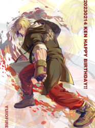 Rule 34 | 1boy, blonde hair, capcom, coat, facial hair, fighting stance, full body, highres, ken masters, looking at viewer, male focus, mature male, muscular, muscular male, open clothes, open coat, pants, red pants, short hair, solo, standing, street fighter, street fighter 6, stubble, thick eyebrows, yuiofire