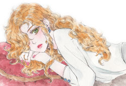 Rule 34 | 1boy, androgynous, blonde hair, blouse, colored eyelashes, curly hair, drill hair, earrings, green eyes, hair over one eye, jewelry, long hair, looking at viewer, lying, male focus, maraich juschenfe, marker (medium), nail polish, on stomach, pale skin, parted lips, patalliro!, pillow, red lips, shirt, solo, tomoko (pixiv2144514), traditional media, trap, white shirt