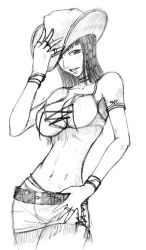 Rule 34 | 1girl, alabasta, armband, belt, bracelet, breasts, cleavage, cowboy hat, female focus, greyscale, hand on headwear, hat, jewelry, lace up front, lacing, large breasts, midriff, miniskirt, monochrome, nico robin, one piece, pencil skirt, ring, sketch, skirt, solo