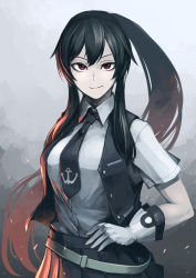 Rule 34 | 10s, 1girl, alternate costume, anchor, belt, breasts, gloves, grin, hand on own hip, hetza (hellshock), kantai collection, large breasts, long hair, looking at viewer, necktie, pleated skirt, ponytail, red eyes, sidelocks, skirt, smile, solo, very long hair, vest, white gloves, yahagi (kancolle)
