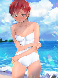 Rule 34 | 1girl, blush, breasts, brown eyes, casual one-piece swimsuit, cleavage, closed mouth, collarbone, cowboy shot, day, embarrassed, frown, gluteal fold, hair between eyes, hatsuga (oyayubi itai2), kenjou akira, kirakira precure a la mode, ocean, one-piece swimsuit, outdoors, precure, red hair, short hair, small breasts, solo, standing, strapless, strapless one-piece swimsuit, swimsuit, white one-piece swimsuit