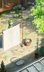 Rule 34 | 1girl, alternate eye color, alternate hairstyle, bed sheet, clothesline, commentary, day, fjsmu, frog hair ornament, from above, grass, green eyes, green hair, hair ornament, hair tubes, highres, kochiya sanae, laundry basket, long hair, looking up, outdoors, plant, potted plant, rock, scenery, shadow, single sidelock, smile, snake hair ornament, solo, standing, stepping stones, touhou, tree, upper body, very long hair, wide shot