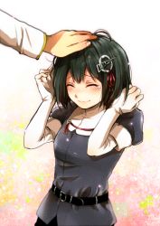Rule 34 | 10s, 1girl, ^ ^, admiral (kancolle), bad id, bad pixiv id, belt, black hair, blush, closed eyes, haguro (kancolle), hair ornament, hand on another&#039;s head, head pat, headpat, kantai collection, messy hair, short hair, solo focus, spark-love, tears