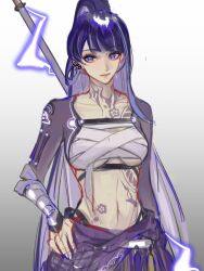 Rule 34 | 1girl, alternate costume, blunt bangs, chest tattoo, clothes around waist, earrings, electricity, genshin impact, grey background, hand on own hip, high ponytail, highres, jewelry, long hair, looking to the side, mechanical arms, mole, mole under eye, neck tattoo, nihaowojiaoshanghetu, ponytail, purple eyes, purple hair, raiden shogun, sarashi, simple background, single earring, solo, standing, stomach, stomach tattoo, tattoo, very long hair, weapon, weapon on back