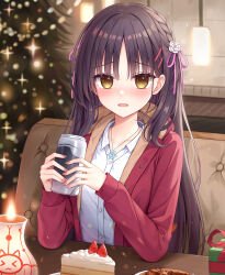 Rule 34 | 1girl, absurdres, black hair, blurry, blurry background, blush, braid, cafe stella to shinigami no chou, cake, cake slice, can, candle, casual, cc lin, chinese commentary, christmas, christmas tree, coat, collared shirt, commentary, earrings, elbows on table, empty eyes, english commentary, eyelashes, eyes visible through hair, flower, food, frown, fruit, fur-trimmed hood, fur trim, hair between eyes, hair flower, hair ornament, hair ribbon, hands up, highres, holding, holding can, hood, hood down, indoors, jewelry, long hair, looking at viewer, mixed-language commentary, mole, mole under eye, nail polish, nose blush, official alternate costume, open clothes, open coat, open mouth, pink nails, pink ribbon, red coat, ribbon, rose, shiki natsume, shirt, side braid, sitting, snowflake necklace, snowflakes, solo, sparkle, straight hair, strawberry, stud earrings, upper body, variant set, very long hair, white flower, white rose, white shirt, yellow eyes