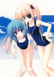 Rule 34 | 2girls, blonde hair, blue hair, character request, eyepatch, female focus, looking at viewer, multiple girls, nanao naru, one-piece swimsuit, school swimsuit, swimsuit, twintails