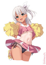 Rule 34 | 1girl, :d, blush, breasts, cheerleader, collarbone, commentary, cropped legs, ebifurya, green eyes, grey hair, head tilt, highres, holding, holding pom poms, kantai collection, long hair, looking at viewer, maestrale (kancolle), medium breasts, navel, one-hour drawing challenge, one-piece tan, one side up, open mouth, pom pom (cheerleading), pom poms, simple background, small breasts, smile, solo, tan, tanline, thighs, twitter username, underboob, white background, white hair