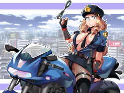 Rule 34 | 1girl, bad id, bad pixiv id, black panties, blonde hair, blouse, blue eyes, blue shirt, boku no hero academia, boots, breasts, cleavage, drill hair, fingerless gloves, fishnet thighhighs, fishnets, gloves, hat, highres, large breasts, long hair, looking at viewer, motor vehicle, motorcycle, open clothes, open shirt, panties, pantyhose, peaked cap, pencil skirt, police hat, shirt, sitting, skirt, sleeves rolled up, solo, steve chopz, thigh boots, thigh strap, thighhighs, underwear, utsushimi kemii