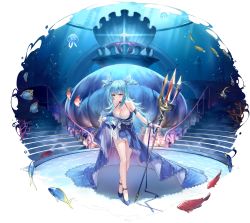Rule 34 | 1girl, angelfish, animal, artist request, azur lane, bare shoulders, blue hair, blush, breasts, bridal gauntlets, cleavage, crossed legs, dress, earrings, fingernails, fish, full body, gem, halterneck, highres, holding, jewelry, long hair, medium breasts, nail polish, neptune (azur lane), neptune (nereid&#039;s invitation) (azur lane), official art, parted lips, pearl (gemstone), polearm, shoes, short twintails, simple background, skirt hold, sleeveless, snapper (fish), solo, stairs, standing, transparent background, trident, tropical fish, twintails, weapon, whale, yellow eyes
