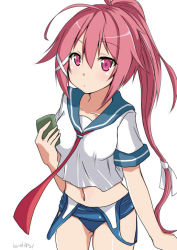 Rule 34 | 1girl, breasts, cellphone, clothes pull, hair ribbon, hinase (jet hearts), i-168 (kancolle), kantai collection, long hair, looking at viewer, one-piece swimsuit, one-piece swimsuit pull, phone, pink eyes, ponytail, red hair, ribbon, school swimsuit, school uniform, serafuku, simple background, smartphone, solo, swimsuit, swimsuit under clothes, twitter username, white background