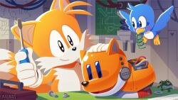 Rule 34 | 1boy, animal ears, animal nose, bird, black eyes, bolt, box, cable, closed mouth, feathered wings, flying, fox boy, fox ears, fox tail, furry, furry male, gears, gloves, hands up, holding, holding screwdriver, indoors, looking at another, looking at viewer, official art, orange fur, robot, screwdriver, shadow, smile, sonic (series), sonicofficialjp, standing, table, tail, tails (sonic), uno yuuji, wall, white gloves, wings