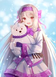 Rule 34 | 1girl, :d, ainu clothes, black pantyhose, blue sky, blush, bow, character doll, day, fate/grand order, fate (series), fingerless gloves, fingernails, gloves, hair between eyes, hair bow, hairband, highres, illyasviel von einzbern, light brown hair, long hair, long sleeves, looking at viewer, nasii, hugging object, open mouth, outdoors, pantyhose, pink bow, pink hairband, purple gloves, red eyes, revision, shirou (bear) (fate), sidelocks, sitonai (fate), sky, smile, snow, solo, stuffed animal, stuffed toy, teddy bear, very long hair, wide sleeves