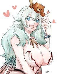 Rule 34 | 1boy, 1girl, artemis (fate), bare shoulders, bear, blue eyes, blush, bracelet, breasts, cleavage, club (weapon), dress, fate/grand order, fate (series), heart, highres, jewelry, large breasts, long hair, open mouth, orion (bear) (fate), silver hair, smile, upper body, weapon