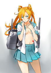 Rule 34 | 10s, 1girl, abukuma (kancolle), blonde hair, blue eyes, breasts, cannon, cleavage, cowboy shot, double bun, hair rings, hand on own chest, heart, kantai collection, long hair, looking at viewer, midriff, navel, open clothes, open shirt, pleated skirt, sailor collar, shirt, skirt, solo, tsuneo (kaijou noumu), turret