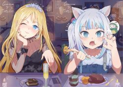 Rule 34 | 2girls, animal ears, black dress, blonde hair, blue eyes, blue hair, blue overalls, blush, breasts, cake, cake slice, candle, carrot, cat ears, cookie, crumbs, dedicatory, dinner, dress, eating, flat chest, food, food in mouth, food on face, fork, frilled dress, frills, gawr gura, gawr gura (casual), glass, grey hair, highres, holding, holding fork, hololive, hololive english, ice cream, indoors, kaela kovalskia, kemonomimi mode, knife, looking at viewer, medium breasts, mint chocolate, multicolored hair, multiple girls, nails, official alternate costume, one eye closed, open mouth, oreo, overalls, plate, pov, rarumi9, restaurant, sharp teeth, short sleeves, sitting, smile, smol gura, steak, teeth, upper body, virtual youtuber, watson amelia, watson amelia (party dress), white hair