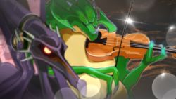 Rule 34 | alien, claws, dragon, extra eyes, closed eyes, hands on headphones, headphones, holding, holding instrument, instrument, kraid, metroid, monster, music, nintendo, no humans, playing instrument, ridley, sparkle, spikes, super smash bros., teke, violin, wings, yellow eyes