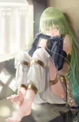 Rule 34 | 1boy, against wall, alternate costume, androgynous, bare shoulders, barefoot, belt, blue eyes, blue gloves, blue tank top, commentary request, covering own mouth, crop top, elbow gloves, enkidu (fate), fate/grand order, fate/strange fake, fate (series), feet, fingers together, full body, gloves, green hair, hands up, indian clothes, indoors, interlocked fingers, leg up, light particles, long hair, looking away, male focus, midriff peek, mizutame tori, own hands together, pants, side slit, sitting, smile, solo, studded belt, tank top, trap, very long hair, white pants