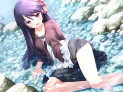 Rule 34 | 1girl, :d, barefoot, black hair, cafe sourire, dutch angle, game cg, gayarou, long hair, long sleeves, looking at viewer, lying, mole, mole under eye, official art, open mouth, partially submerged, skirt, smile, solo, water, yukishita miyuri