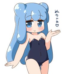 Rule 34 | 1girl, bare arms, bare shoulders, black leotard, blue eyes, blue hair, blush, bunny day, closed mouth, collarbone, commentary request, covered navel, double bun, hair bun, half slime-chan, hana kazari, hand up, highres, leotard, long hair, looking at viewer, monster girl, original, playboy bunny, rabbit tail, simple background, slime (substance), slime girl, smile, solo, strapless, strapless leotard, tail, translation request, very long hair, white background