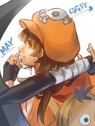 Rule 34 | 1girl, anchor, backpack, bag, black gloves, brown hair, cabbie hat, character name, copyright name, fingerless gloves, gloves, guilty gear, guilty gear strive, hat, highres, holding, holding anchor, jacket, long hair, looking at viewer, looking back, may (guilty gear), orange hat, orange jacket, sketch, skull and crossbones, solo, tapioka tm