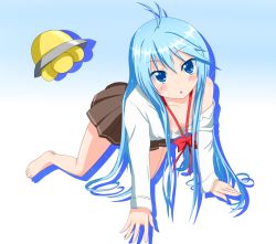 Rule 34 | 10s, 1girl, :o, ahoge, antenna hair, automaton1205, bad id, bad pixiv id, bare shoulders, barefoot, blue eyes, blue hair, blush, bow, breasts, cleavage, denpa onna to seishun otoko, feet, long hair, looking at viewer, matching hair/eyes, off shoulder, open clothes, open mouth, open shirt, school uniform, shirt, shirt slip, skirt, small breasts, solo, touwa erio, ufo, very long hair