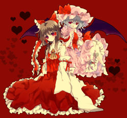 Rule 34 | 2girls, :q, bad id, bad pixiv id, bat wings, brown hair, color connection, detached sleeves, dress, female focus, floating, frills, hair ribbon, hakurei reimu, hat, hat ribbon, heart, japanese clothes, legs, light purple hair, miko, multiple girls, pink eyes, remilia scarlet, ribbon, short hair, short sleeves, socks, tongue, tongue out, touhou, wide sleeves, wings, yukirar