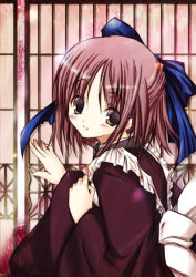 Rule 34 | 00s, 1girl, cutlass, cutlass (classic chocolate), dress, eyebrows, frills, from side, green eyes, head tilt, kohaku (tsukihime), long sleeves, looking at viewer, looking to the side, pink hair, red dress, short hair, smile, solo, tsukihime