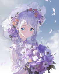 Rule 34 | 1girl, absurdres, aqua eyes, bang dream!, bouquet, braid, commentary request, flower, frilled hat, frills, hair flower, hair ornament, hat, highres, holding, holding bouquet, long hair, long sleeves, looking at viewer, neck ribbon, nogi momoko, petals, purple flower, red flower, ribbon, rose, smile, solo, twin braids, upper body, wakamiya eve, white flower, white hair, white hat