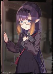 Rule 34 | 1girl, absurdres, bag, beret, black dress, black hat, blue eyes, blunt bangs, blush, book, commentary, cowboy shot, dress, english commentary, fang, glasses, hat, highres, holding, holding book, hololive, hololive english, long hair, long sleeves, looking at viewer, ninomae ina&#039;nis, ninomae ina&#039;nis (casual), pointy ears, puffy long sleeves, puffy sleeves, purple hair, shoulder bag, skin fang, smile, solo, standing, tenchi mayo, tiara, very long hair, virtual youtuber